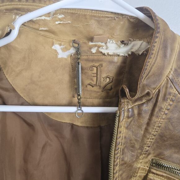 THRASHED J2 Camel Brown Faux Leather Jacket Crop LARGE Moto Steampunk Grunge Y2K - Picture 3 of 10